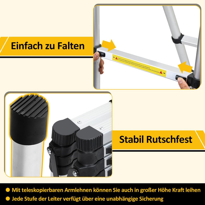 1.7+2M Klappleiter Teleskopleiter, A-Rahmen 5+6 Sprossen Aluminiumleiter, Rutschfester Aluleiter mit