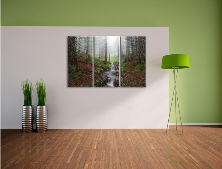 Pixxprint Bach im Wald / 3-Teilig/Gesamtmass 120cm Leinwandbild bespannt auf Holzrahmen/Wandbild Kun
