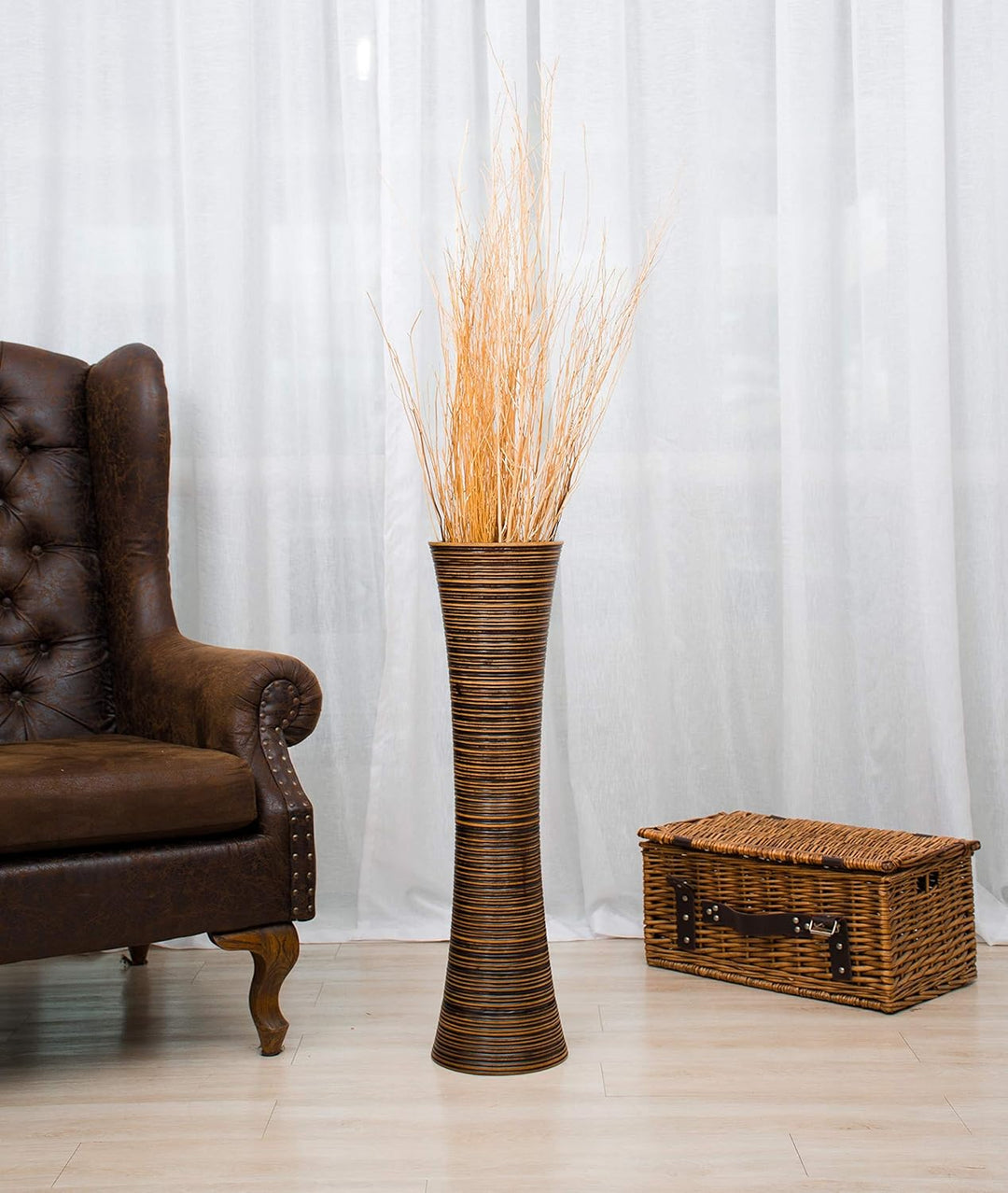 Leewadee Grosse Bodenvase für Dekozweige hohe Standvase Design Holzvase, Holz, 70 cm, braun 70 cm Br