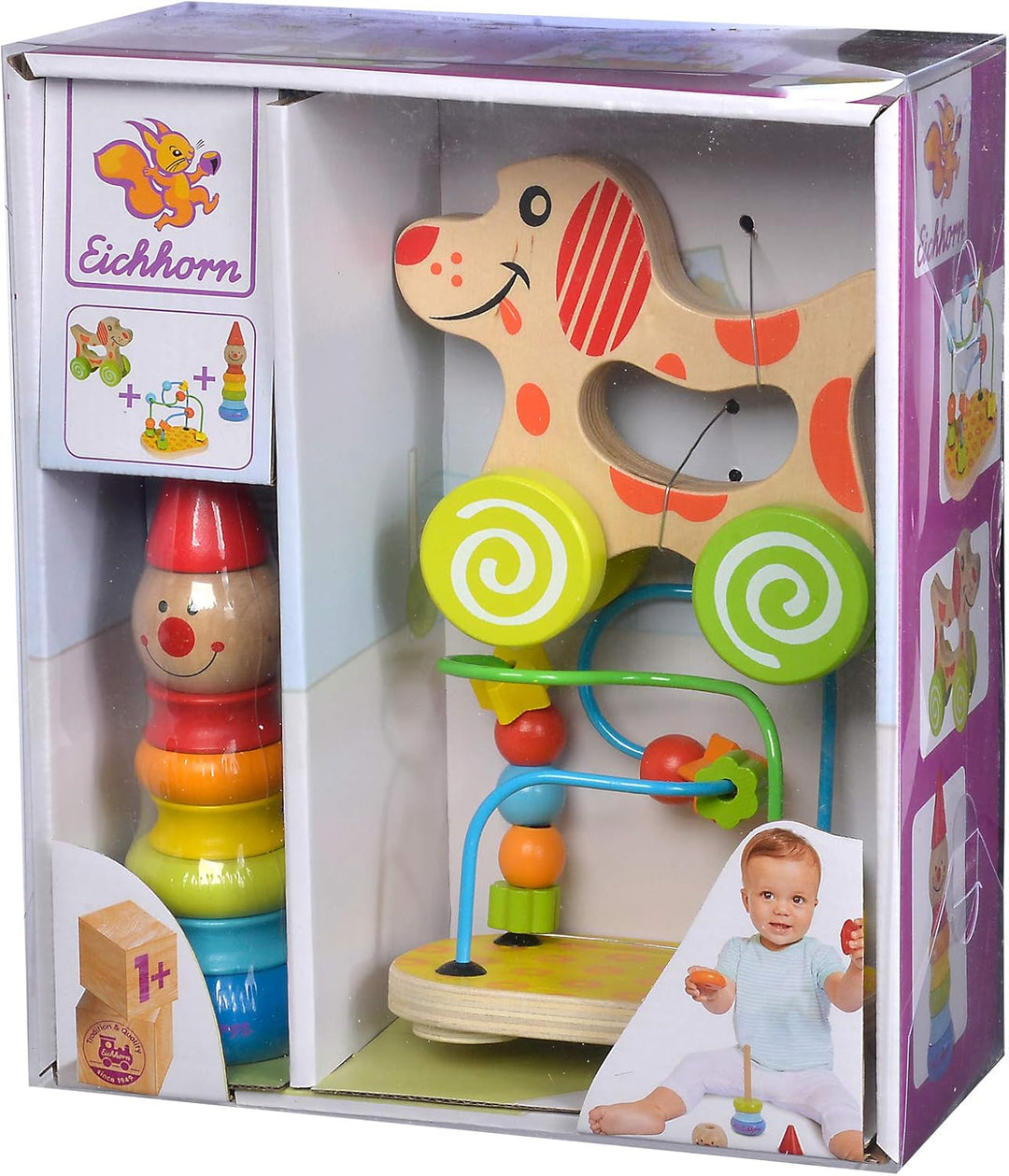 Eichhorn - 100003750 -Lernspielset,Geschenkset, 3 teilig,bestehend aus Steckfigur Clown, Motorikschl
