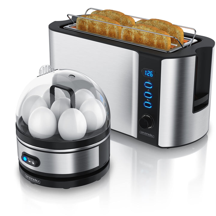 Arendo - SET Toaster FRUKOST mit Eierkocher SEVENCOOK Edelstahl Silver, Toaster 4 Scheiben LED-Displ