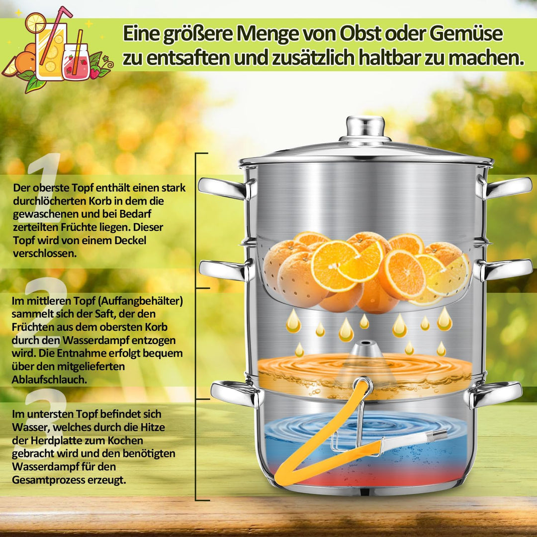 Dampfentsafter Ø26 16L Edelstahl Entsafter Saftpresse Inkl 4 Bügelflasche, für alle Herdarten geeign