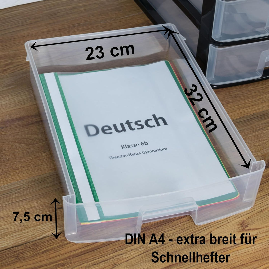 Hummelladen Schubladenbox DIN A4 mit 3 Schubladen 35,5x26,5x26,5 cm - schwarz-transparent Kunststoff