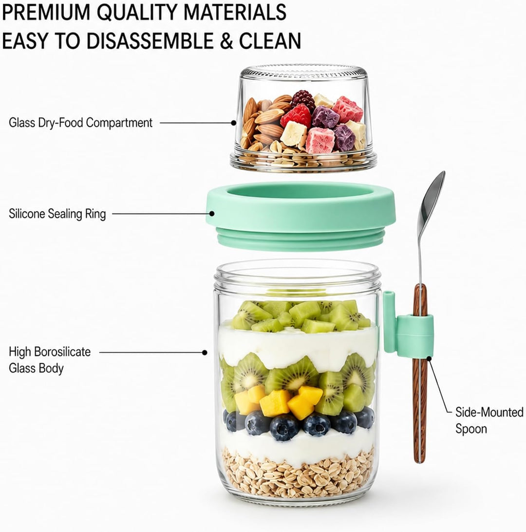 Müslibecher to Go mit Löffel,Joghurtbecher mit Toppingbehälter 480ml + 120ml,Overnight Oats Glas, Au