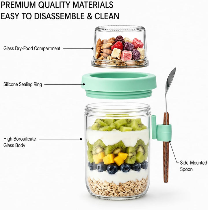 Müslibecher to Go mit Löffel,Joghurtbecher mit Toppingbehälter 480ml + 120ml,Overnight Oats Glas, Au