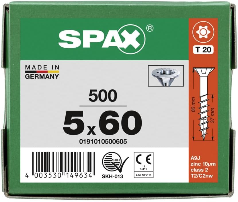 SPAX Universalschraube, 5,0 x 60 mm, 500 Stück, T-STAR plus, Senkkopf, Teilgewinde, 4CUT, WIROX A3J,