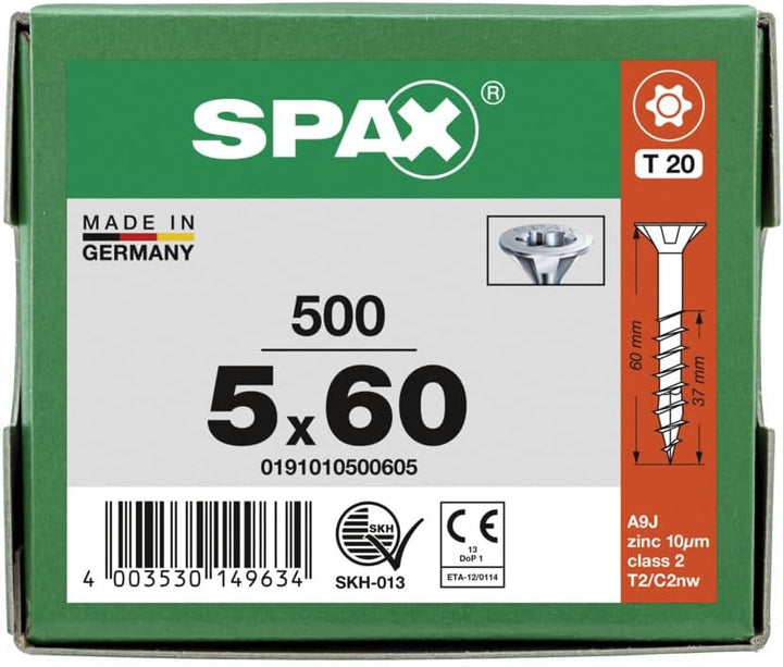 SPAX Universalschraube, 5,0 x 60 mm, 500 Stück, T-STAR plus, Senkkopf, Teilgewinde, 4CUT, WIROX A3J,