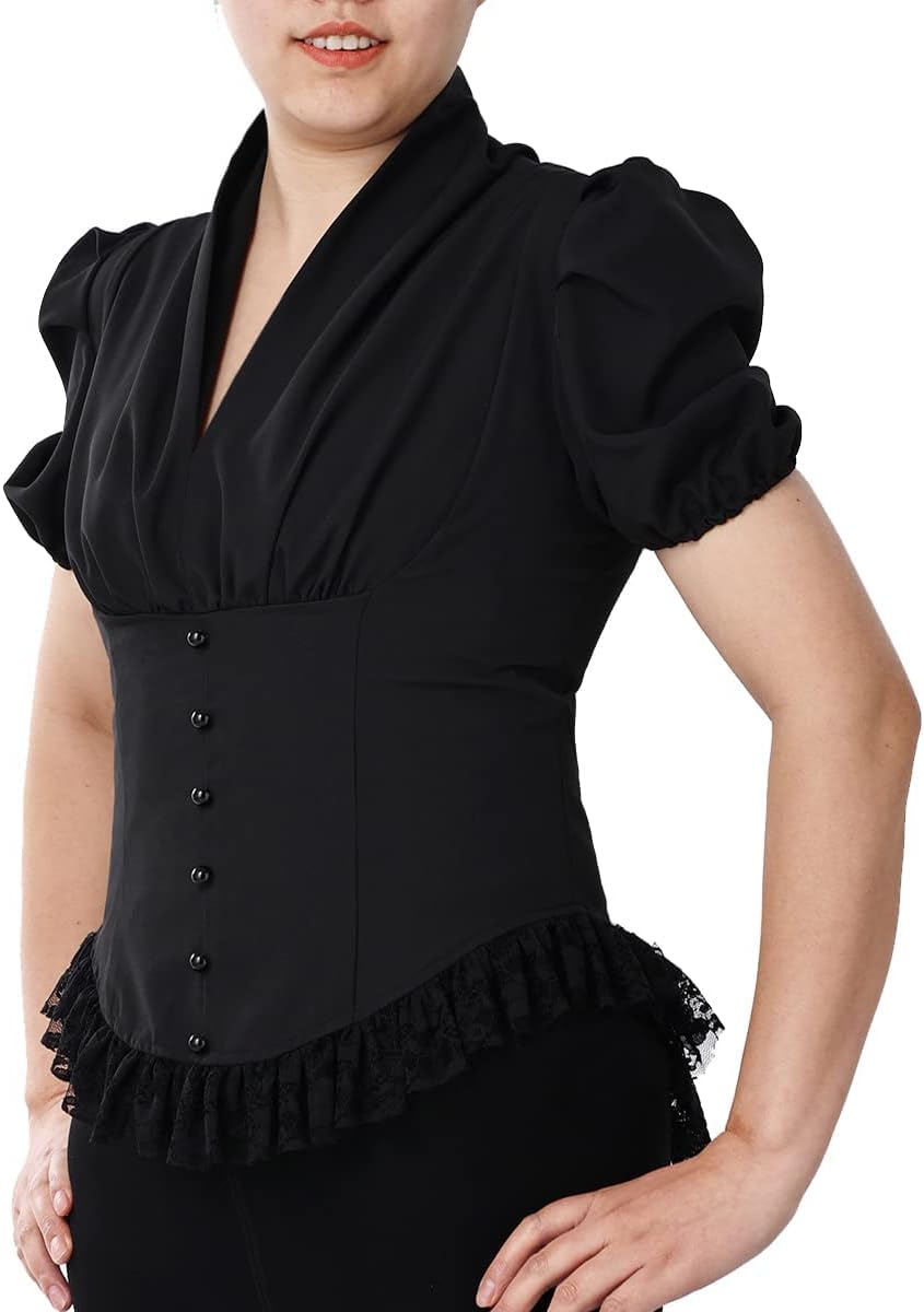 Damen Viktorianisches Korsett Tops Shirts Gothic Steampunk Schnür Bluse XS Schwarz, XS Schwarz