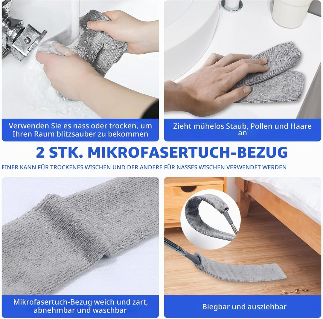 Staubwedel Teleskop Waschbar Staubwischer Mit 4 Abwaschbaren Tüchern, Teleskopreiniger, Lang Auszieh