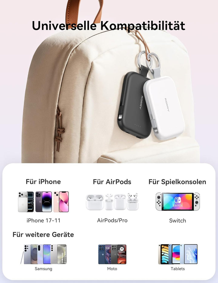 RORRY CharmGo Powerbank,5000mAh Power Bank mit Integriertem USB C Kabel | Tragbarer Externer Akku mi
