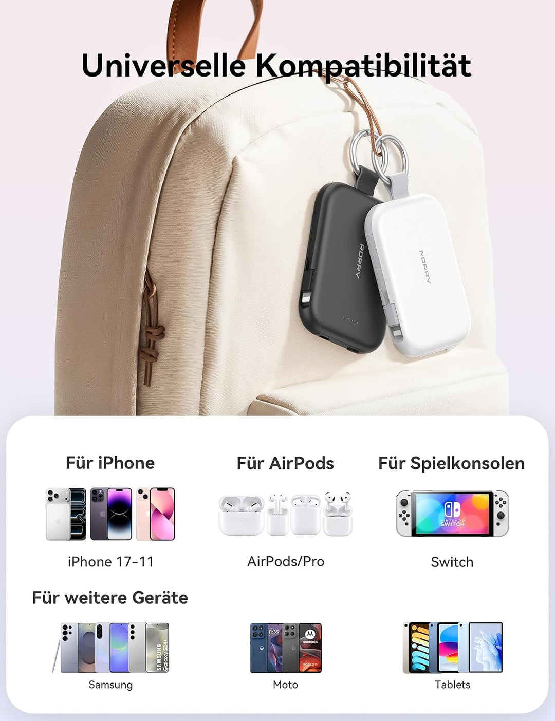 RORRY CharmGo 10000mAh Powerbank, PD 30W Schnellladen, Portable Charger mit integrierten Kabeln und