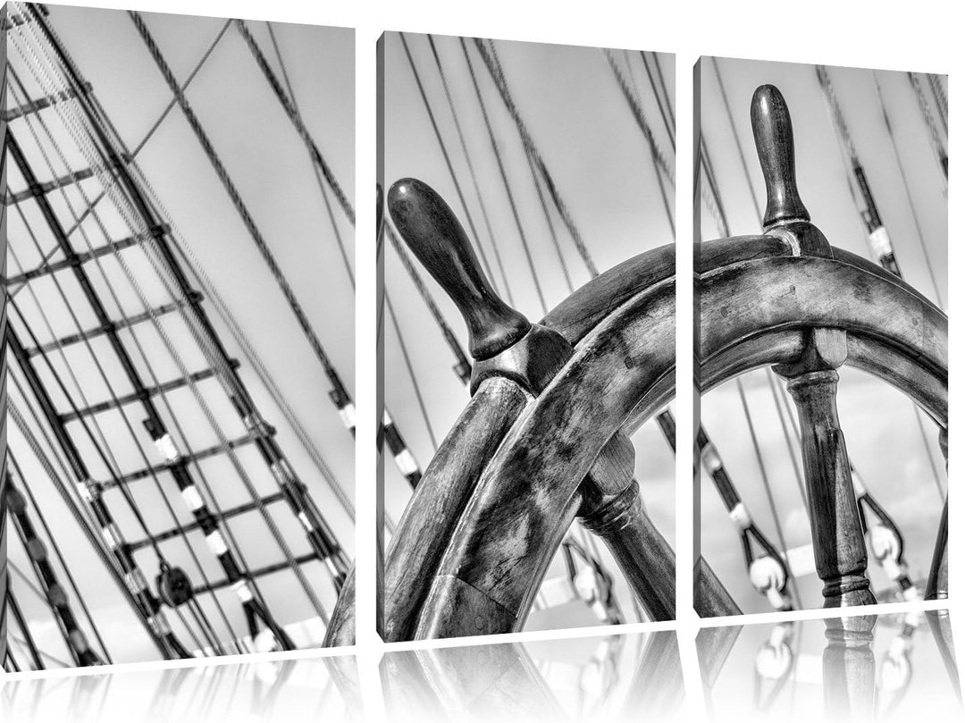 Pixxprint Steuerrad auf dem Schiff 3Teiler 120x80 cm Leinwandbild Wandbild Kunstdruck