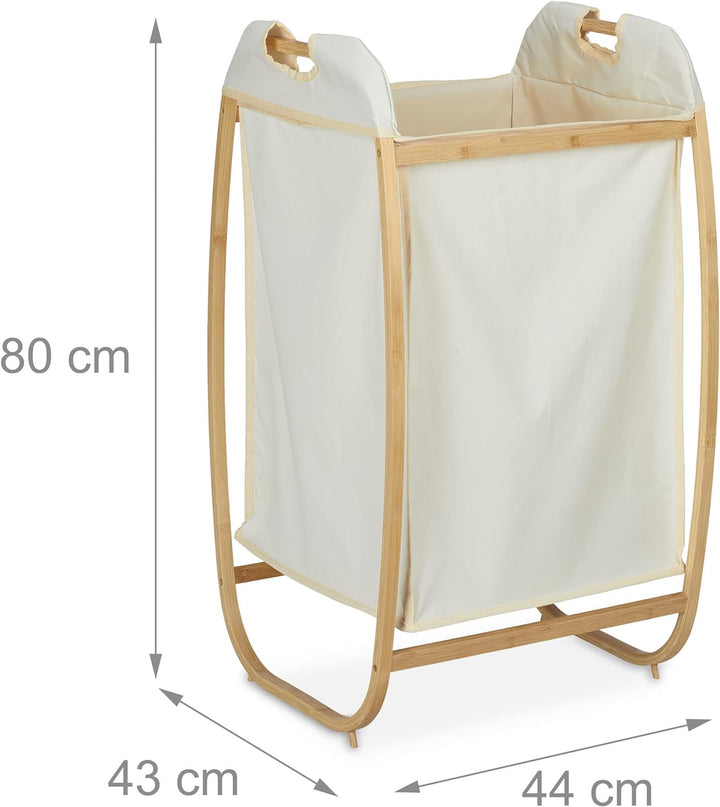 Relaxdays Wäschekorb mit Bambusgestell, ohne Deckel, HBT: 80 x 44 x 43 cm, 70 l Stoffbeutel, Wäsches