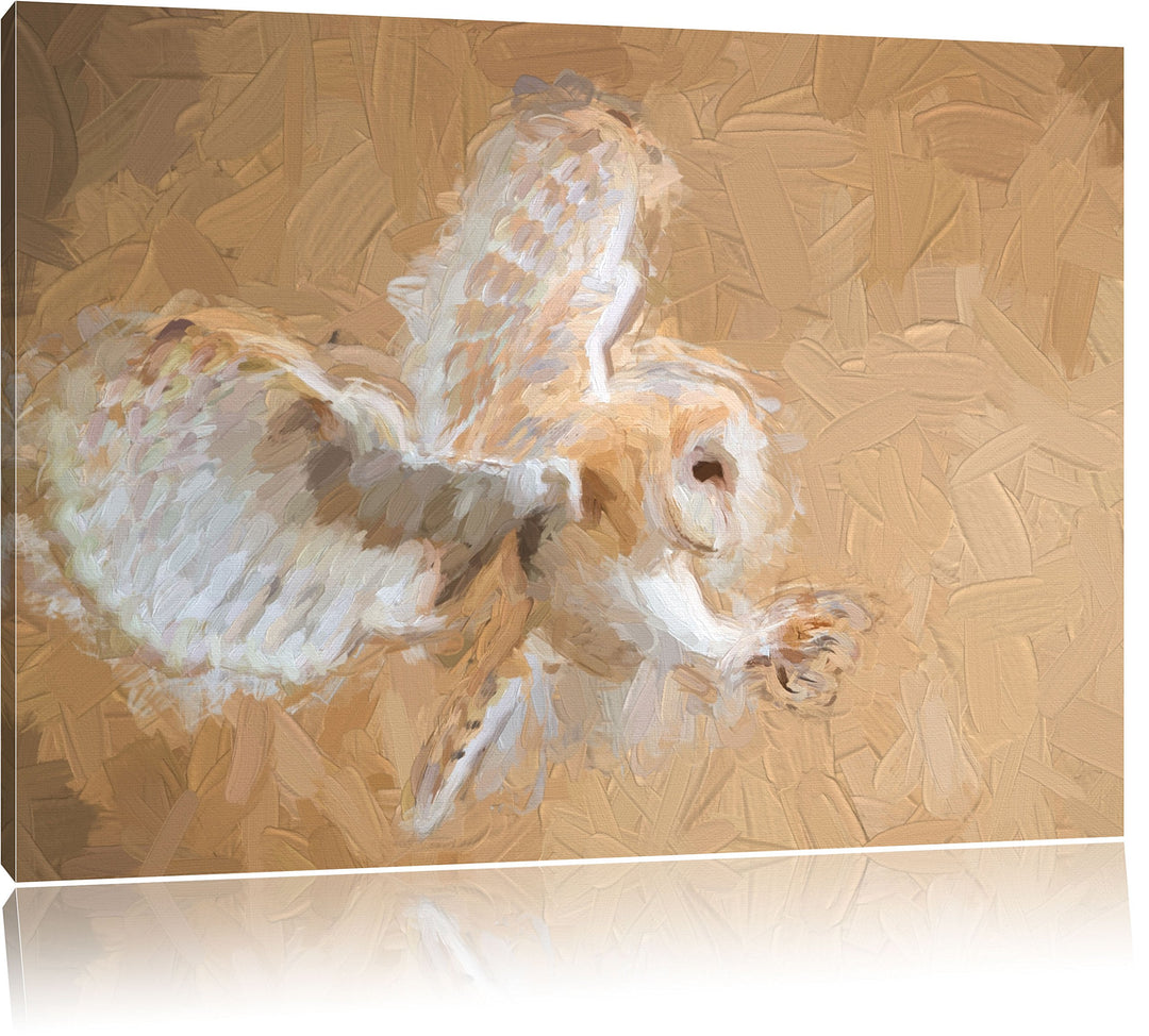 Pixxprint Fliegende Weisse Eule bei der Jagd Kunst Pinsel Effekt, Format: 100x70 auf Leinwand, XXL r