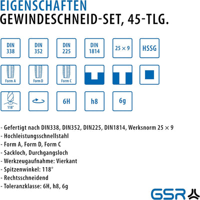 GSR PROFI Gewindeschneidsortiment, 45-teilig, Gewindeschneidsatz metrisch, Geschwindeschneider Set H