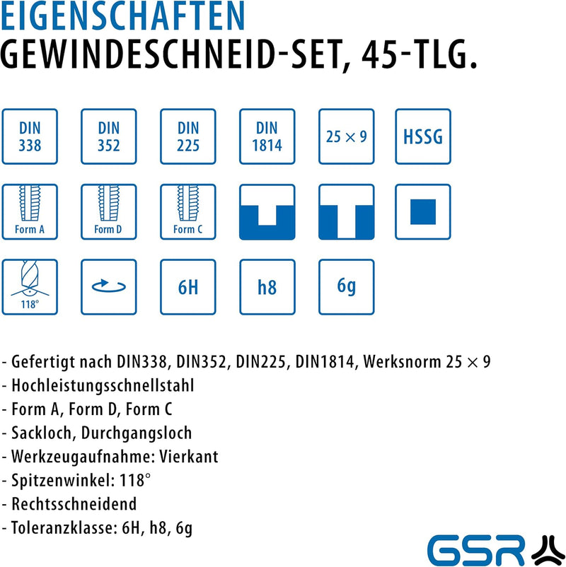 GSR PROFI Gewindeschneidsortiment, 45-teilig, Gewindeschneidsatz metrisch, Geschwindeschneider Set H