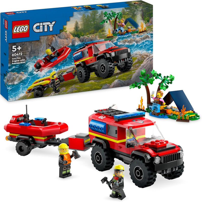 LEGO City Feuerwehrgeländewagen mit Rettungsboot, Offroad-Auto-Spielzeug für Kinder ab 5 Jahren, Ret