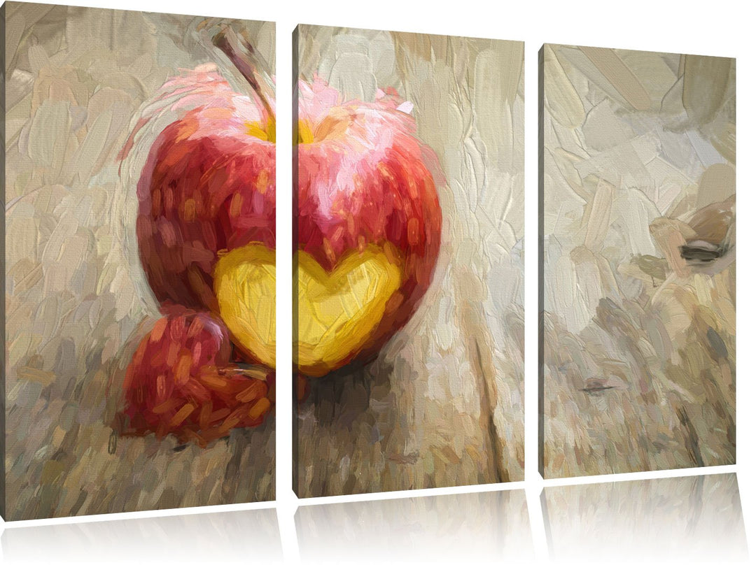 Pixxprint Herzschnitzerei in Apfel / 3-Teilig/Gesamtmass 120cm Leinwandbild bespannt auf Holzrahmen/