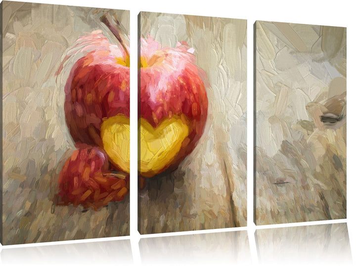 Pixxprint Herzschnitzerei in Apfel / 3-Teilig/Gesamtmass 120cm Leinwandbild bespannt auf Holzrahmen/