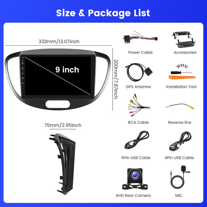 2+64G Android 15 Autoradio für Hyundai i10 2007-2013 Radio mit Wireless CarPlay Android Auto, 9 Zoll