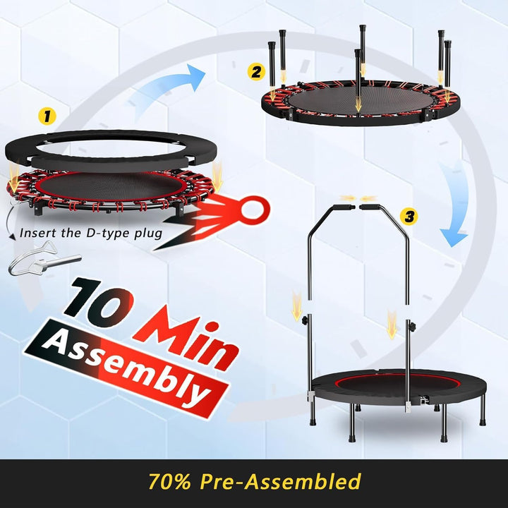 Fitness-Trampolin 102 cm für Erwachsene mit Haltestange, 3-Fach höhenverstellbar, leise Bungee-Seile