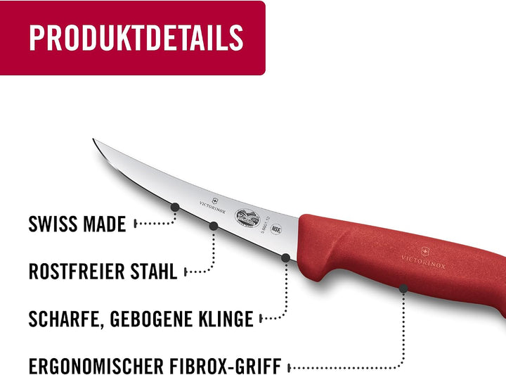 Victorinox Fibrox Ausbeinmesser, Scharfes Küchenmesser für Fleisch und Fisch, 12 cm, Gebogene Klinge