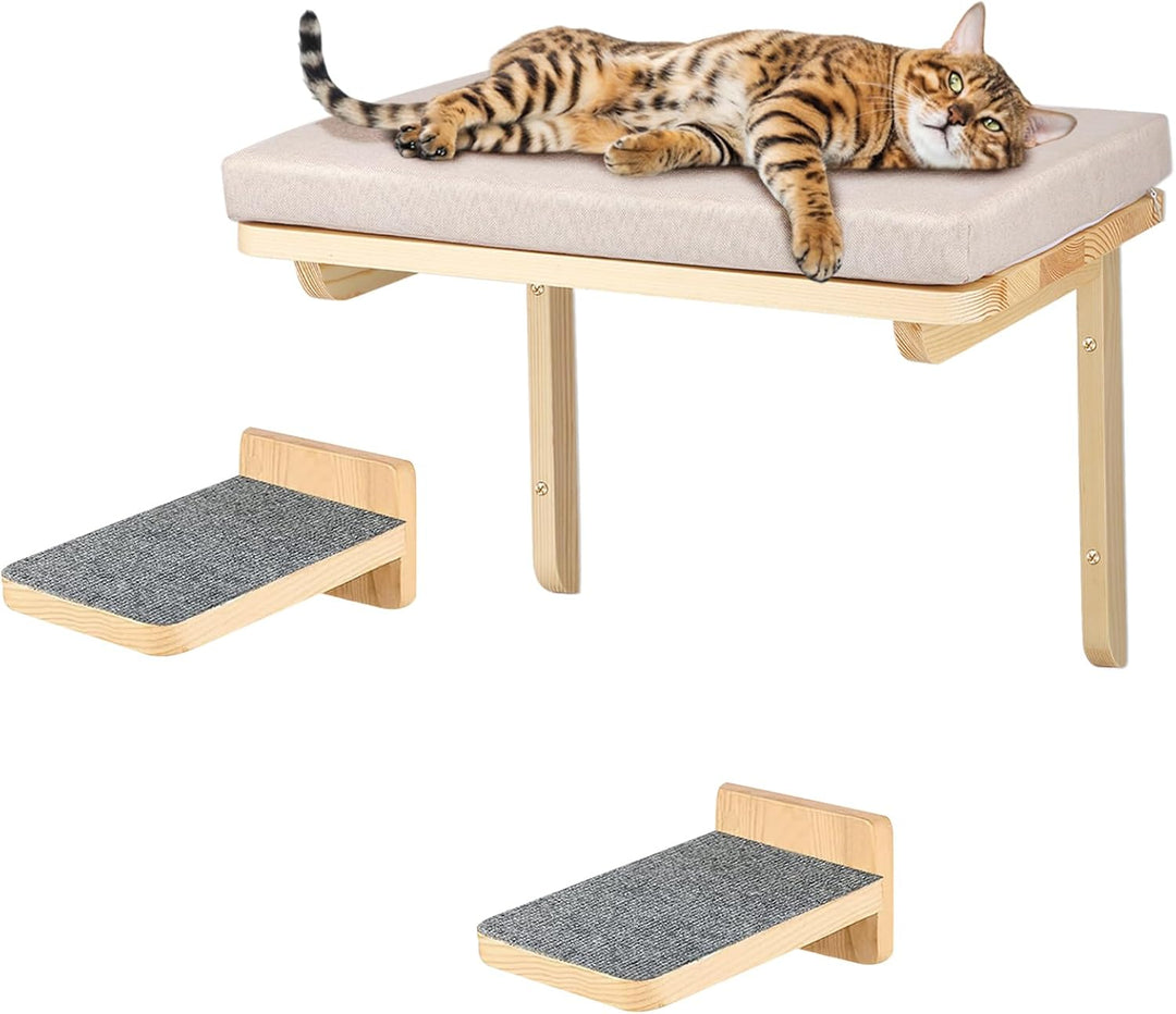 Kletterwand für Katzen mit 2 Stufen I Hängematte für Katzen 3-teilig I Set Kratzbaum zur Wandmontage