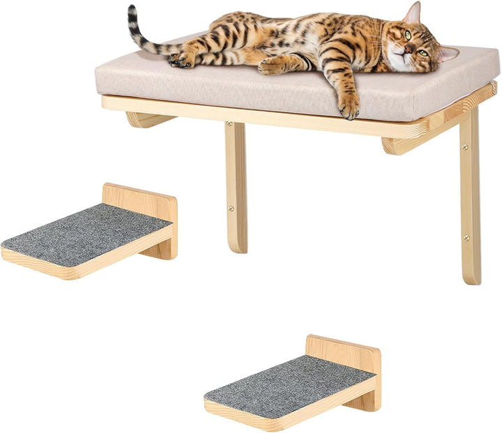 Kletterwand für Katzen mit 2 Stufen I Hängematte für Katzen 3-teilig I Set Kratzbaum zur Wandmontage