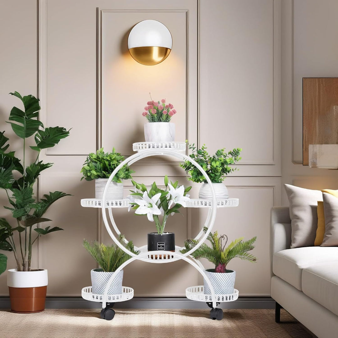 unho Blumentreppe für 6 Blumentöpfe, Blumenregal rollbar, Metall Pflanzenregal Pflanzentreppe für In