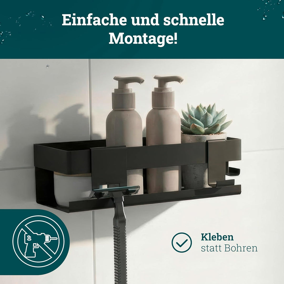 husman® Duschablage ohne Bohren | Edelstahl Matt-Schwarz | mit Ablaufrillen & 3 Haken | Kleben statt