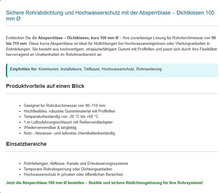 Absperrblase Dichtkissen Rohrdichtkissen Pipeplug Testplug kurz 100 mm Ø geeignet für Rohrdurchmesse