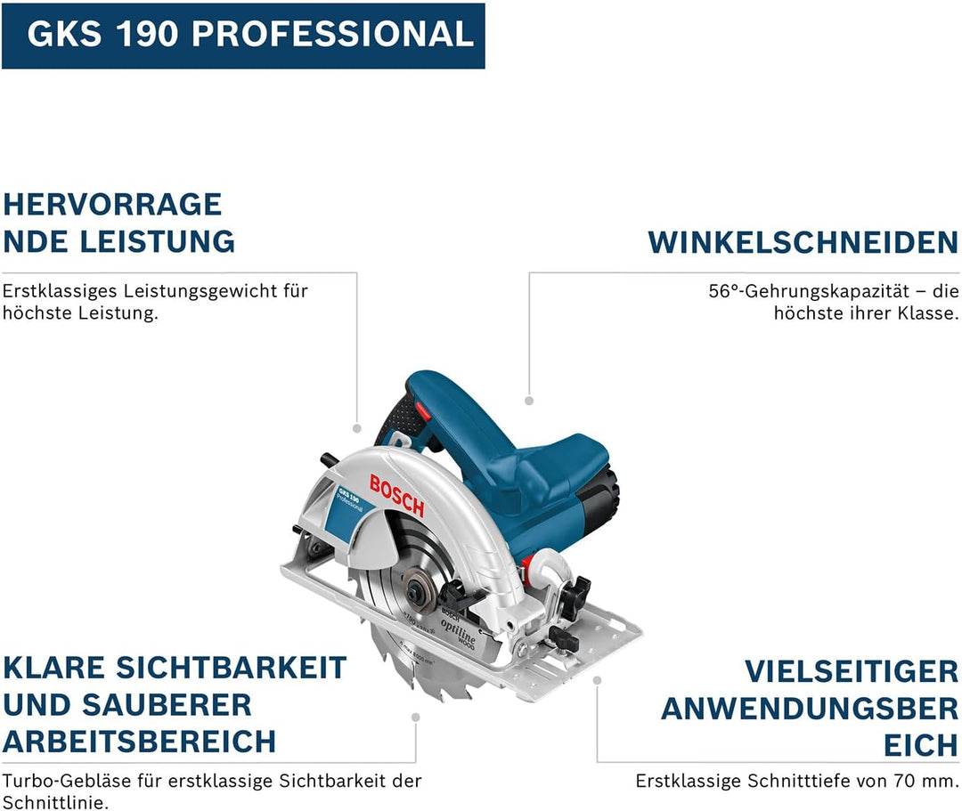 Bosch Professional Kreissäge GKS 190 (Leistung 1400 Watt, Kreissägeblatt: 190 mm, Schnitttiefe: 70mm