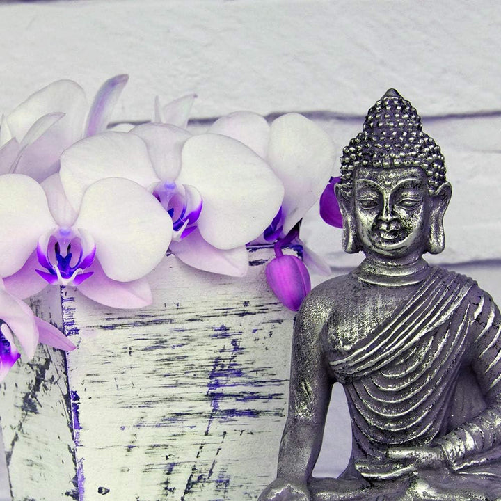 Feeby Leinwandbild Buddha 5 TLG Bild Kunstdruck Blumen Statue Meditation violett 100x70 cm Leinwandb
