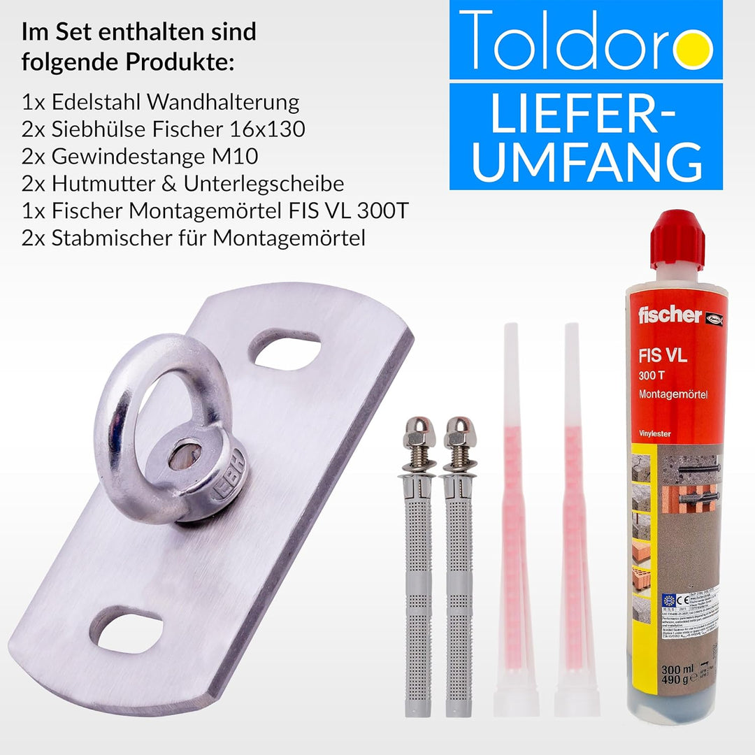 Toldoro® Deckenhalterung aus Edelstahl inkl. Montagematerial/rostfreier Wand- & Deckenhaken mit 400