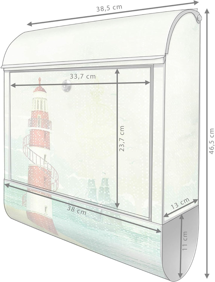 banjado® Design Briefkasten mit Motiv Alter Leuchtturm 39x47x14cm &amp; 2 Schlüssel - Briefkasten Stahl