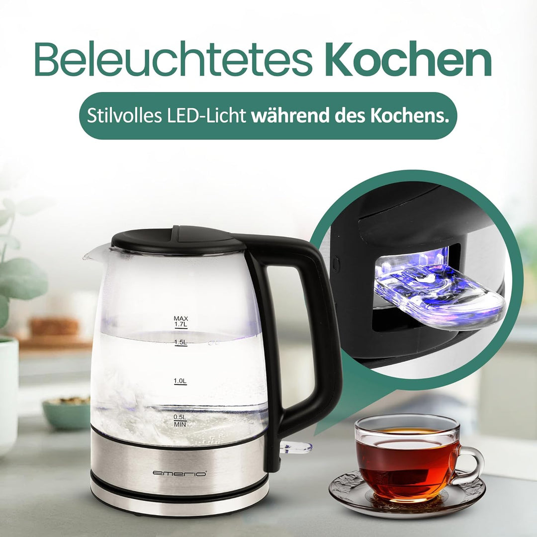 EMERIO Glas Wasserkocher mit 1.7 Liter Volumen | 2200 Watt | blaue LED Innenbeleuchtung | 360° Basis