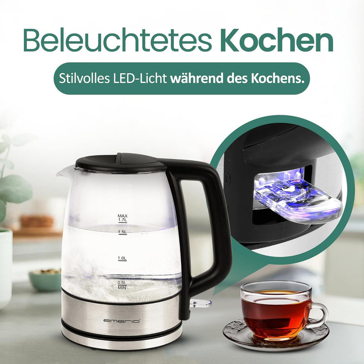 EMERIO Glas Wasserkocher mit 1.7 Liter Volumen | 2200 Watt | blaue LED Innenbeleuchtung | 360° Basis