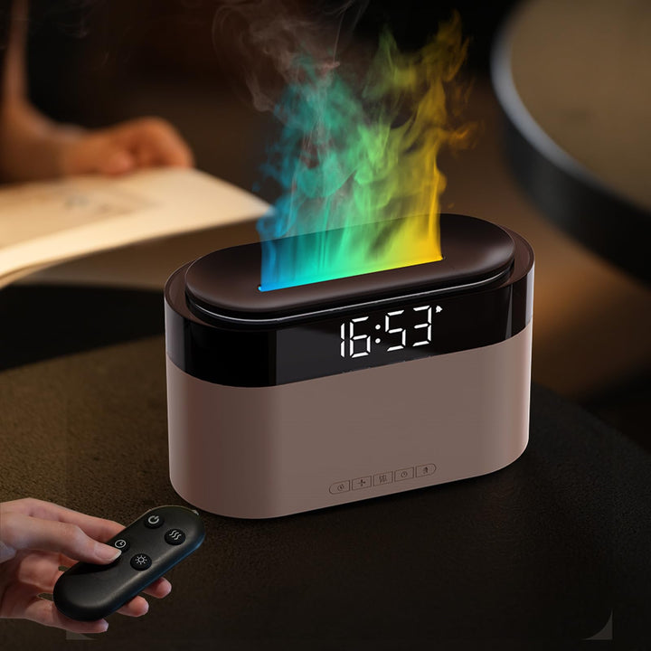 Flammen Aroma Diffuser mit Lichtwecker,Diffuser Ätherische Öle mit Fernbedienung,Wecker mit Licht,Lu