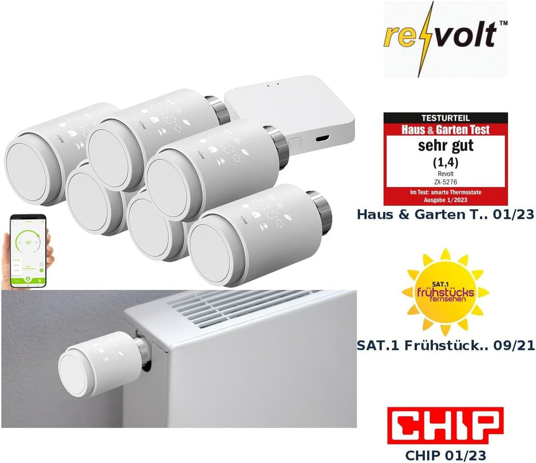 revolt Smarte Thermostate: 6er-Set programmierbare Heizkörper-Thermostate mit WLAN-Gateway & App (WL