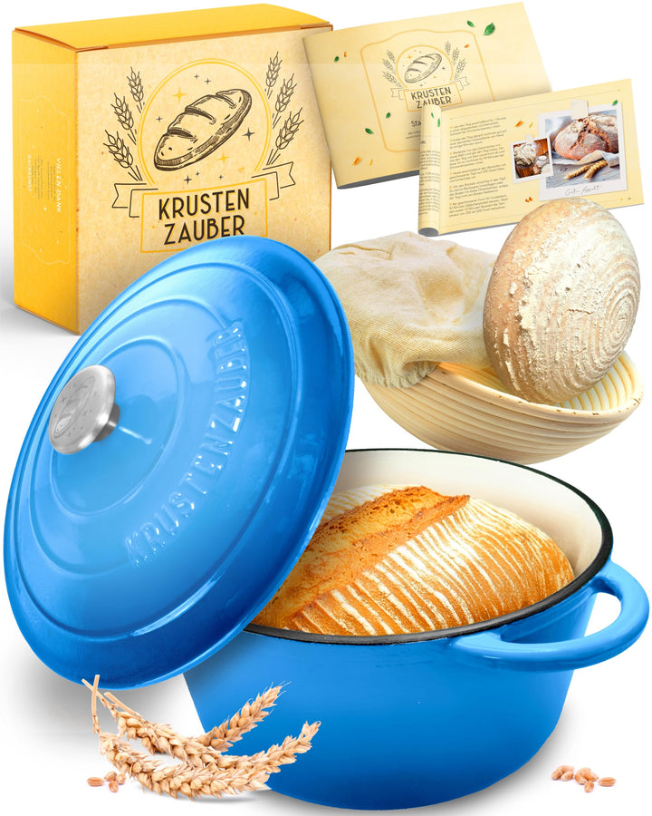 KRUSTENZAUBER Gusseisen Topf Brot Backen [inkl. Gärkorb] - Hochwertiger Emaille Topf 26cm - Idealer