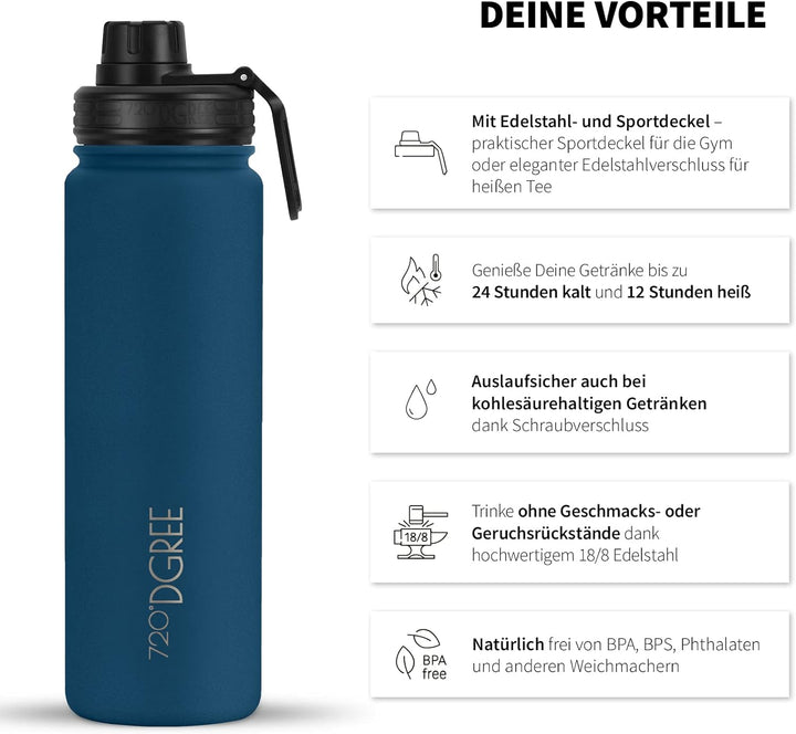 720°DGREE Edelstahl Trinkflasche “noLimit” – 1200ml - Auslaufsicher, Kohlensäure geeignet, BPA-Frei