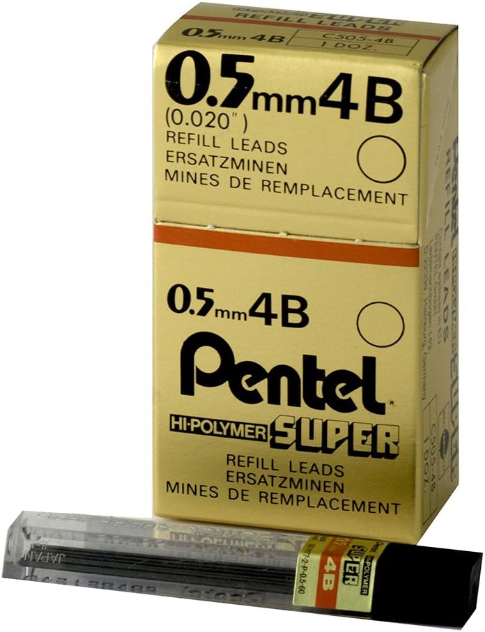 Pentel C505 Druckbleistiftminen, 0,5 mm, Güteklasse 4B, 12 Röhren, 12 Minen pro Tube, 4B