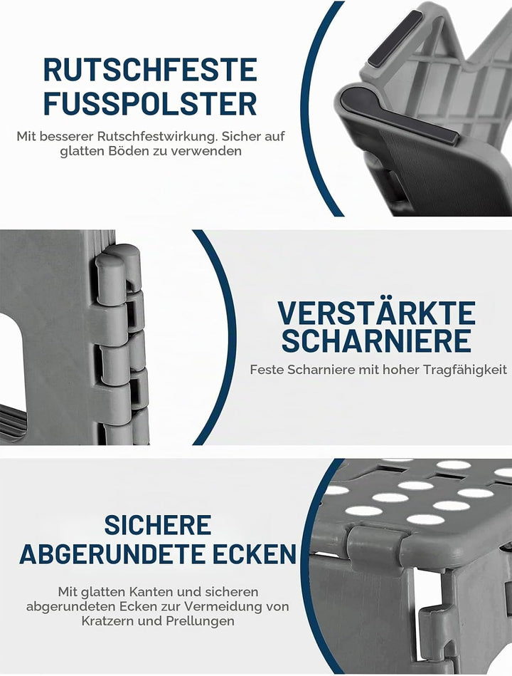 HOUSE DAY 40cm Tritthocker Klappbar - Grau Faltbarer Hocker Tritthocker Tragbarer Klapphocker Faltba
