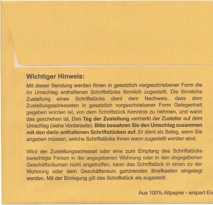 Postzustellungsumschläge DIN Lang „ Förmliche Zustellung “ - Zustellungshüllen mit Fenster (110 × 22