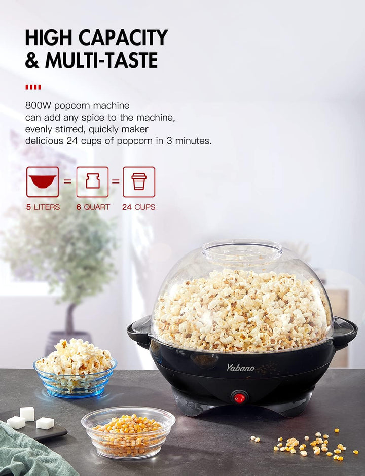 Yabano Popcornmaschine für Zuhause, Maker Machine mit Zucker & Öl, Abnehmbare Heizfläche, 5L Popcorn