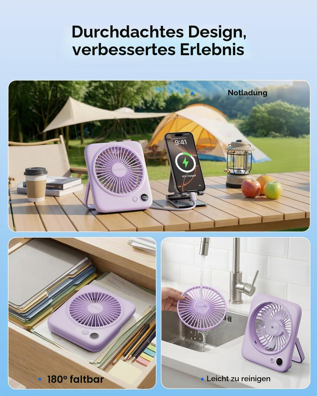 Otlonpe Kleiner Tischventilator, 16,5 cm, 4000 mAh, wiederaufladbar, tragbar, für Reisen, schlank, l