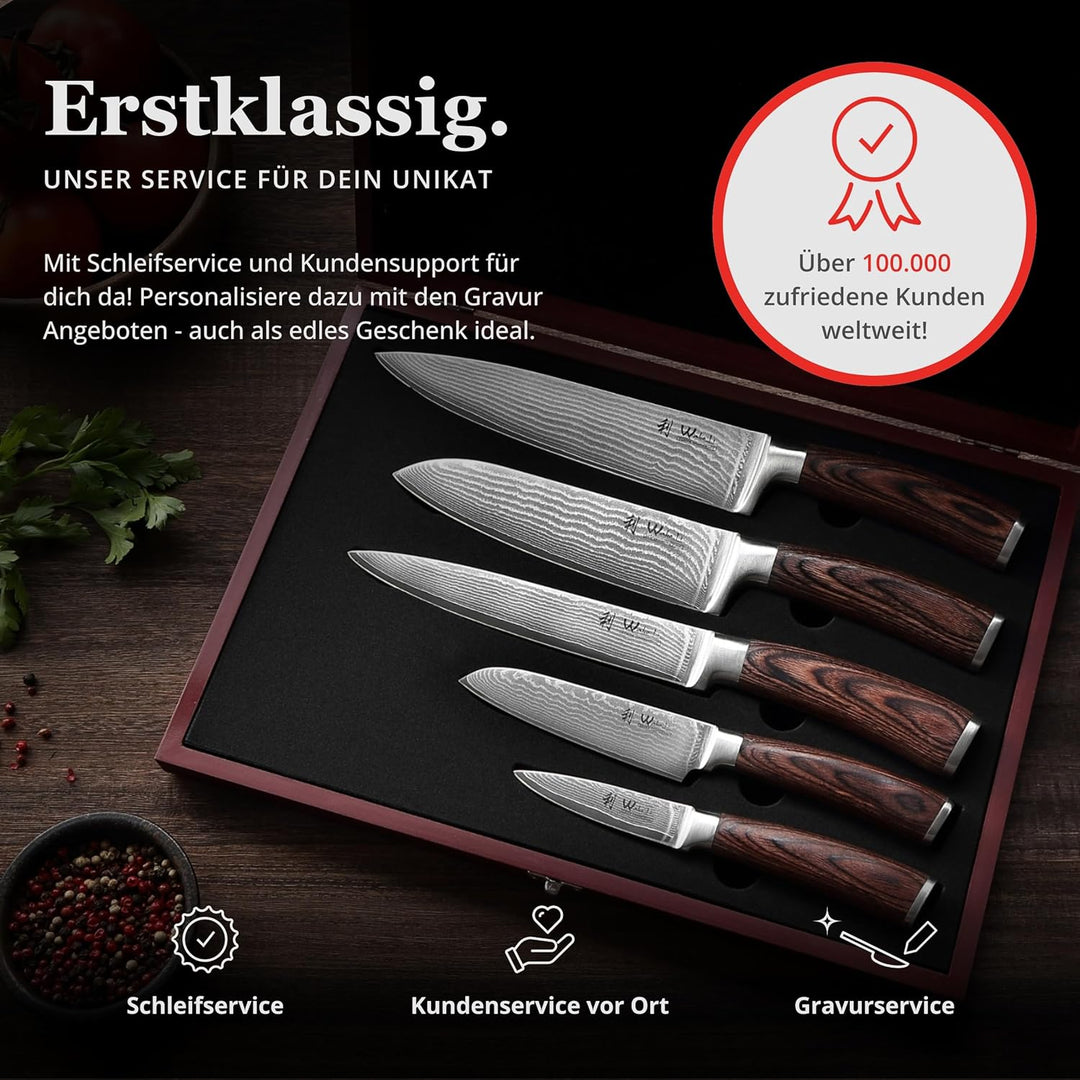 Wakoli EDIB 5er Damastmesser-Set mit magnetischem Messerblock, Klingenlängen von 8,5cm bis 20cm aus