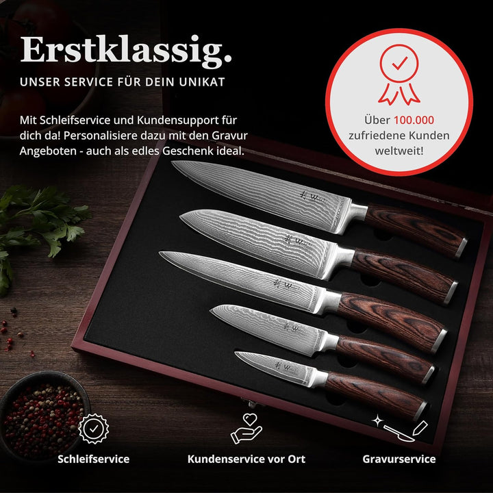 Wakoli EDIB 5er Damastmesser-Set mit magnetischem Messerblock, Klingenlängen von 8,5cm bis 20cm aus