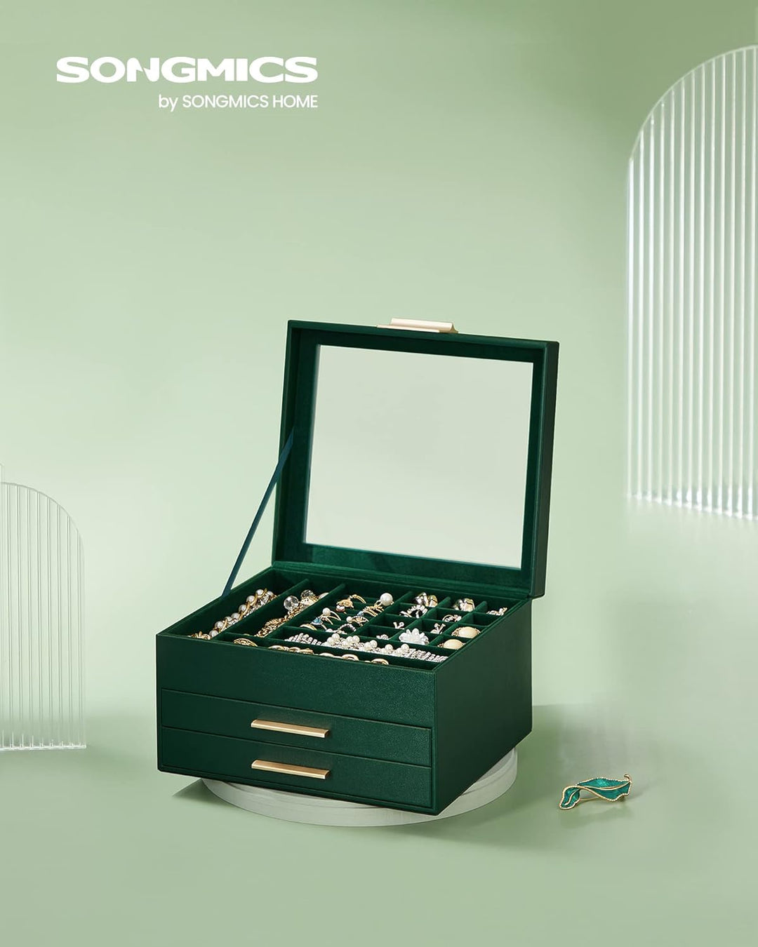 SONGMICS Schmuckkästchen, Schmuckkasten mit 3 Ebenen, Schmuckbox mit Glasdeckel, 2 Schubladen, Schmu