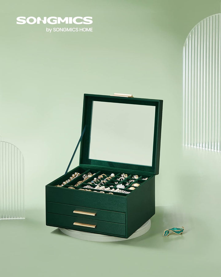 SONGMICS Schmuckkästchen, Schmuckkasten mit 3 Ebenen, Schmuckbox mit Glasdeckel, 2 Schubladen, Schmu